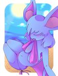  anthro bangs_(character) bat beach bikini bite blush bra breasts clothing cloud female fur hair hair_over_eyes looking_at_viewer mammal navel nintendo obakawaii outside pok&eacute;mon sea seaside sky smile solo sun swimsuit underwear video_games water wings zubat 