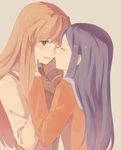  bangs blue_hair cheek_kiss fujino_shizuru hands_on_another's_face kiss kuga_natsuki long_hair long_sleeves multiple_girls my-hime open_mouth red_eyes simple_background sou_(tuhut) tears upper_body yuri 