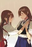  akagi_(kantai_collection) blush brown_eyes brown_hair cowboy_shot duoyuanjun from_side hair_down hakama_skirt highres holding_another's_hair japanese_clothes kaga_(kantai_collection) kantai_collection long_hair looking_at_another multiple_girls muneate profile rain tasuki very_long_hair yuri 