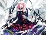  bare_shoulders detached_sleeves dress guilty_crown hair_ornament hairclip lace lace-trimmed_dress long_hair looking_at_viewer open_mouth pink_hair red_eyes solo tanikku twintails yuzuriha_inori 
