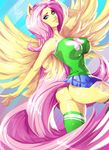  2015 abstract_background absurd_res anthro anthrofied blue_eyes butt clothed clothing cutie_mark equine female fluttershy_(mlp) friendship_is_magic hair hand_behind_head hi_res legwear long_hair looking_at_viewer mammal miniskirt my_little_pony pegasus pink_hair skirt solo thigh_highs wings xdtopsu01 yellow_skin 