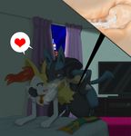  &lt;3 bed blush braixen canine caressing cum cum_inside fan_character female fiona hand_on_butt hand_on_face internal lucario male male/female mammal necklace night nintendo open_mouth orgasm pok&eacute;mon pokeporn riky scarf sex smile television video_games winick-lim 