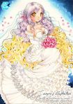  alternate_costume artist_name bangs blonde_hair blue_background blush bouquet bow breasts bridal_veil brooch canary_(artist) cleavage commentary_request dress elbow_gloves flower frilled_dress frills gloves gradient_hair hair_bow hair_flower hair_ornament hijiri_byakuren jewelry layered_dress long_dress long_hair marker_(medium) medium_breasts multicolored_hair necklace pearl_necklace purple_hair rose signature sitting smile solo sparkle strapless strapless_dress touhou traditional_media veil very_long_hair wavy_hair wedding_dress white_dress white_gloves yellow_eyes 