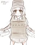  :&lt; arare_(kantai_collection) arm_warmers artist_name black_hair box brown_eyes cardboard_box cardboard_box_gundam cosplay hat kantai_collection looking_at_viewer machinery ooba_jun short_hair simple_background skirt solo triangle_mouth turret twitter_username white_background 