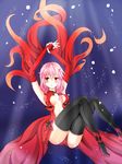  bare_shoulders black_legwear blush breasts center_opening cleavage detached_sleeves elbow_gloves fingerless_gloves fujimoto_yuu gloves guilty_crown hair_ornament hairclip long_hair looking_at_viewer navel open_mouth pink_hair red_eyes solo thighhighs twintails yuzuriha_inori 