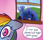  dialogue duo english_text equine friendship_is_magic hair horn horse humor inside mammal multicolored_hair my_little_pony open_mouth outside pony princess_luna_(mlp) professor-ponyarity rainbow_dash_(mlp) rainbow_hair reaction_image sweat text unicorn window 