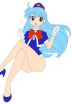  1girl absurdres aqua_hair blue_shoes breasts dress female hat highres hips legs legs_crossed long_hair miniskirt no_panties photoshop purple_eyes shoes short_dress simple_background smile solo stewardess tenjouin_katsura thighs vector_trace yat_anshin_uchuu_ryokou 