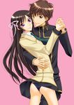  1boy 1girl artist_request asano_akira ass black_hair black_panties blush brown_hair code_geass couple from_behind genderswap green_eyes hair_ribbon hand_holding interlocked_fingers kururugi_suzaku lelouch_lamperouge long_hair looking_at_viewer looking_back luluko panties pink_background purple_eyes ribbon school_uniform shiny shiny_skin short_hair simple_background skirt smile underwear very_long_hair 