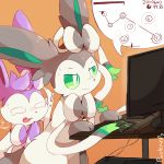  alternate_color artist_name bow commentary computer english green_eyes green_sclera keyboard_(computer) monitor mouse_(computer) no_humans number orange_background osu! pokemon prehensile_ribbon purpleninfy ribbon simple_background sweat sylveon tearing_up video_game 