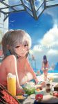  4girls artist_name ass bare_shoulders bikini breast_rest breasts cleavage cloud cocktail_umbrella commentary_request drink drinking_straw food hair_ribbon highres large_breasts lifeguard_chair light_smile looking_at_viewer mole mole_under_eye multiple_girls original outdoors pandea_work parfait parted_lips pointy_ears ponytail pov_across_table purple_bikini purple_hair ribbon silver_hair solo_focus swimsuit table untied untied_bikini 