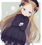  abigail_williams_(fate/grand_order) bangs blonde_hair blue_eyes blush bow commentary_request cowboy_shot dress dutch_angle fate/grand_order fate_(series) forehead hair_bow hat long_hair looking_at_viewer orange_bow parted_bangs polka_dot polka_dot_bow skull sleeves_past_fingers sleeves_past_wrists smile solo standing totatokeke two-tone_background v-shaped_eyebrows 