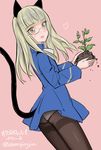 :d animal_ears aohashi_ame ass black_legwear blonde_hair blush cat_ears cat_tail cravat dirt glasses heart highres long_hair long_sleeves open_mouth panties panties_under_pantyhose pantyhose perrine_h_clostermann pink_background plant simple_background smile solo strike_witches tail thighband_pantyhose underwear white_panties world_witches_series yellow_eyes 