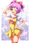  ;d ahoge bow double_bun green_eyes hair_bow hand_on_hip heart highres looking_at_viewer manaka_lala one_eye_closed open_mouth pretty_(series) pripara private_paprika_academy_uniform purple_hair rokko school_uniform short_hair smile solo star thighhighs v v_over_eye 
