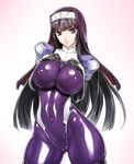  blush bodysuit boots breasts covered_navel covered_nipples elbow_gloves gloves habit hands_on_own_chest kamori_sayaka large_breasts latex long_hair nun original purple_bodysuit purple_eyes purple_hair rindou_(radical_dream) shiny shiny_clothes skin_tight solo thigh_boots thighhighs 