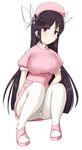  black_hair hair_ribbon hat hiyou_(kantai_collection) kantai_collection long_hair minase_(takaoka_nanase) nurse nurse_cap panties panties_under_pantyhose pantyhose ribbon solo squatting underwear white_ribbon 