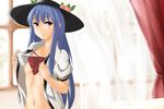  blue_hair bow breasts curtains food fruit hat hinanawi_tenshi long_hair looking_at_viewer momoiro_lettuce naked_shirt navel nipples no_bra open_clothes open_shirt out-of-frame_censoring peach pink_eyes puffy_short_sleeves puffy_sleeves shirt short_sleeves small_breasts solo touhou very_long_hair window 