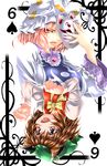  animal_ears bow bowtie card card_(medium) cat_ears chen earrings fang fox_mask hat highres jewelry looking_at_viewer mask multiple_girls open_mouth parted_lips paw_pose playing_card rotational_symmetry short_hair smile spade_(shape) touhou yakumo_ran yoiti 