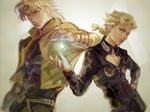  blonde_hair blurry braid dio_brando earrings father_and_son giorno_giovanna grey_eyes hand_on_hip headband jacket jewelry jojo_no_kimyou_na_bouken magatsumagic multiple_boys red_eyes star turtleneck vignetting 