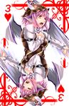  animal_ears card card_(medium) closed_eyes dual_persona hand_on_own_chest hat heart highres music mystia_lorelei open_mouth pink_hair playing_card profile rotational_symmetry short_hair singing smile touhou wings yellow_eyes yoiti 