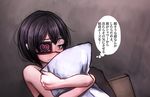  black_bra black_eyes black_hair black_legwear blush bra eyepatch fukasugi_aiko heart original pillow pillow_hug ray-k short_hair sleepy solo translated underwear yandere 