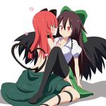  :d animal_ears bird_wings black_hair black_wings blush bow breasts brown_hair cat_ears cat_tail cato_(monocatienus) cleavage clueless collarbone dress dress_pull drooling eye_contact floral_print green_dress hair_bow heart heart_tail kaenbyou_rin leg_ribbon long_hair looking_at_another medium_breasts multiple_girls multiple_tails open_clothes open_mouth open_shirt puffy_short_sleeves puffy_sleeves red_eyes red_hair reiuji_utsuho ribbon shirt short_sleeves sitting skirt smile spread_legs tail thighhighs topless touhou v-shaped_eyebrows very_long_hair wings yuri zettai_ryouiki 