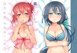  babydoll blue_bra blue_hair blush bow bra breasts cleavage cover cover_page doujin_cover green_eyes hair_between_eyes hair_bow hair_ornament hair_ribbon hand_to_own_mouth highres large_breasts long_hair looking_at_viewer low_ponytail michairu multiple_girls navel one_side_up pink_hair ribbon short_hair smile strap_gap tougou_mimori underwear underwear_only yuuki_yuuna yuuki_yuuna_wa_yuusha_de_aru yuusha_de_aru 