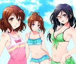  bangs bare_arms bare_shoulders bikini black_hair blue_bikini blue_sky breasts cleavage cloud collarbone commentary_request day glasses green_bikini groin hair_between_eyes hibike!_euphonium looking_at_viewer medium_breasts multiple_girls nakagawa_natsuki navel one-piece_swimsuit one_eye_closed open_mouth oumae_kumiko outdoors pink_swimsuit ponytail red-framed_eyewear shian_(my_lonly_life.) sky small_breasts smile swimsuit tanaka_asuka 