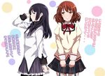  akemi_homura akemi_homura_(cosplay) black_hair blush commentary cosplay hair_flip hibike!_euphonium holding kaname_madoka kaname_madoka_(cosplay) kousaka_reina look-alike magical_girl mahou_shoujo_madoka_magica mitakihara_school_uniform multiple_girls oumae_kumiko pantyhose parody polka_dot polka_dot_background purple_eyes red_hair ribbon school_uniform shichouson smile soul_gem translated yellow_eyes 