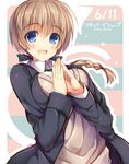  :d birthday blue_eyes braid breasts brown_hair character_name copyright_name dated hands_together large_breasts long_hair looking_at_viewer lynette_bishop nozomi_tsubame open_mouth single_braid smile solo steepled_fingers strike_witches sweater upper_body world_witches_series 