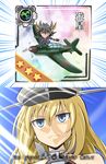  1girl anchor_symbol bismarck_(kantai_collection) black_hair blonde_hair blue_eyes card chibi crossover frown fudou_yuusei gameplay_mechanics hat highres holding kantai_collection long_hair multicolored_hair nichika_(nitikapo) parody peaked_cap pun purple_eyes ryuusei_(kantai_collection) translated two-tone_hair yuu-gi-ou yuu-gi-ou_5d's yuu-gi-ou_arc-v 