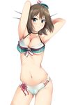  adapted_costume armpits arms_up bangs bare_arms bikini blue_eyes breasts brown_hair collarbone cowboy_shot hat highres kantai_collection labia large_breasts maya_(kantai_collection) mini_hat navel nksk remodel_(kantai_collection) short_hair simple_background solo swimsuit 