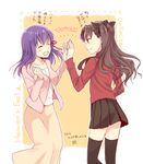 :d bad_id bad_twitter_id black_legwear blue_eyes bow brown_hair closed_eyes commentary_request fate/stay_night fate_(series) hair_bow high_five kannuki_hisui long_hair matou_sakura multiple_girls open_mouth purple_hair skirt smile thighhighs toosaka_rin translation_request two_side_up zettai_ryouiki 