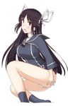  black_hair blush cosplay covering covering_ass hair_ribbon hiyou_(kantai_collection) kantai_collection long_hair minase_(takaoka_nanase) panties ribbon solo underwear white_ribbon z1_leberecht_maass_(kantai_collection) z1_leberecht_maass_(kantai_collection)_(cosplay) 