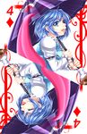  blue_eyes blue_hair card card_(medium) closed_eyes diamond_(shape) dual_persona heterochromia highres karakasa_obake playing_card profile red_eyes rotational_symmetry short_hair smile tatara_kogasa tongue tongue_out touhou umbrella yoiti 