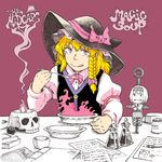  alice_margatroid blonde_hair bow braid character_doll fire hair_bow hat kirisame_marisa long_hair maruhachi_(maruhachi_record) pink_eyes plate potion skull smile solo spoon tongue tongue_out touhou witch_hat 