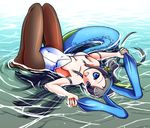  animal_ears black_hair blue_eyes bunny_ears bunnysuit dragon_girl dragon_tail head_fins highres karin_(p&amp;d) long_hair lying optronics pantyhose puzzle_&amp;_dragons solo tail water 