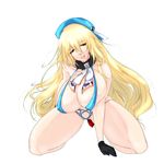  atago_(kantai_collection) beret bikini black_gloves blonde_hair breasts gloves green_eyes hat highres huge_breasts kantai_collection karakure_(kamo-nanban) large_breasts long_hair looking_at_viewer one-piece_swimsuit open_mouth slingshot_swimsuit smile solo swimsuit thong 