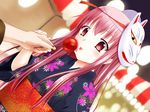  absurdres alternate_costume blurry candy_apple depth_of_field dutch_angle festival floral_print food fox_mask hands_together hata_no_kokoro highres japanese_clothes kimono long_hair mask obi out_of_frame pink_eyes pink_hair sash sidelocks solo_focus tongue tongue_out touhou tsujimoto_nao yukata 