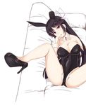  animal_ears black_hair blush breasts bunny_ears bunny_girl bunnysuit cleavage couch detached_collar hair_ribbon high_heels hiyou_(kantai_collection) kantai_collection large_breasts long_hair lying minase_(takaoka_nanase) no_socks on_back ribbon solo wrist_cuffs 