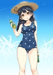  ahoge bare_shoulders black_hair blush bottle bow_bikini breasts brown_eyes condensation_trail covered_navel hat holding kantai_collection long_hair looking_at_viewer medium_breasts one-piece_swimsuit polka_dot polka_dot_swimsuit pyz_(cath_x_tech) smile solo spots straw_hat swimsuit ushio_(kantai_collection) wet 