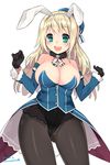  :d adapted_costume animal_ears aqua_eyes atago_(kantai_collection) bare_shoulders black_gloves blonde_hair blush breasts bunny_ears bunnysuit cowboy_shot crotch_seam detached_sleeves fake_animal_ears fur_collar gloves hairband hat highres kantai_collection kuro_chairo_no_neko large_breasts long_hair looking_at_viewer open_mouth pantyhose simple_background smile solo twitter_username w_arms white_background 