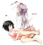  animal_ears barefoot black_hair bunny_ears bunny_tail closed_eyes commentary_request dress flying_sweatdrops gorilla_(bun0615) heavy_breathing highres inaba_tewi long_hair missionary multiple_girls open_mouth pink_dress purple_hair reisen_udongein_inaba sexually_suggestive shirt skirt tail tears touhou translated underwear very_long_hair yuri 