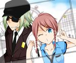  1boy 1girl blue_eyes braid breasts dezel_(tales) green_hair hair_ornament hairclip hat necktie open_mouth red_hair rose_(tales) school_uniform short_hair sunglasses tales_of_(series) tales_of_zestiria vest wink 