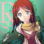  blue_eyes character_name gradient gradient_background green_background hair_ornament halftone halftone_background hood jacket red_hair rose_(tales) scarf short_hair striped_background tales_of_(series) tales_of_zestiria 