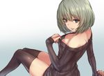  bad_id bad_pixiv_id bare_shoulders black_legwear blue_eyes breasts cleavage collar_tug come_hither downblouse green_hair idolmaster idolmaster_cinderella_girls long_sleeves looking_at_viewer medium_breasts mole mole_under_eye naked_sweater off_shoulder oukawa_yuu ribbed_sweater short_hair sitting smile solo sweater takagaki_kaede thighhighs thighs tongue tongue_out zettai_ryouiki 