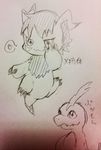  &lt;3 ambiguous_gender bukamon claws digimon fangs fur gomamon gomamon_x greyscale hair long_ears lying mammal mohawk monochrome on_back pencil_(artwork) plain_background seal traditional_media_(artwork) 桐野 