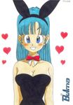 animal_ears bare_shoulders blue_eyes blue_hair blush bow bowtie bulma bunny_ears bunnysuit character_name collarbone detached_collar dragon_ball dragon_ball_(classic) hairband heart red_bow simple_background solo upper_body white_background 