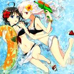  ahoge bikini black_hair blonde_hair blue_eyes flower hair_flower hair_ornament hibiscus hoshi_akari innertube kantai_collection long_hair multiple_girls red_eyes remodel_(kantai_collection) sailor_bikini sailor_collar shigure_(kantai_collection) skirt smile swimsuit water water_gun yuudachi_(kantai_collection) 