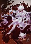  breasts cleavage covered_mouth criin dress fingernails full_body high_heels horns kantai_collection large_breasts long_hair looking_at_viewer midway_hime pale_skin red_eyes sharp_fingernails shinkaisei-kan solo veins very_long_hair white_dress white_hair 
