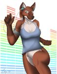  2012 5_fingers anthro breasts brown_fur canine cayo cleavage clothed clothing female fur headphones mammal music_player shirt smile solo white_fur wolf 